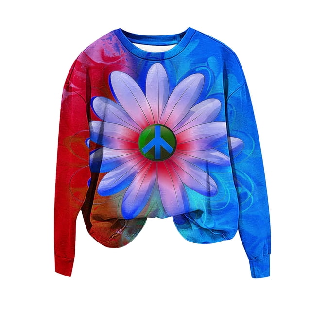Rbaofujie Chandails à Capuchon pour Femmes Chandails Décontractés Imprimés à Col Rond à Manches Longues Hauts Amples Chandails en Molleton Cardigan Bleu Chandails pour Femmes
