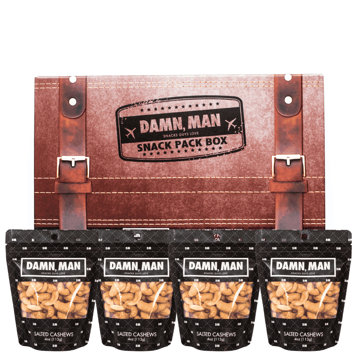 Damn, Man Salted Cashews Snack Pack Gift Box - 4 Bags of Gourmet Roasted Nuts - 1 lb Total