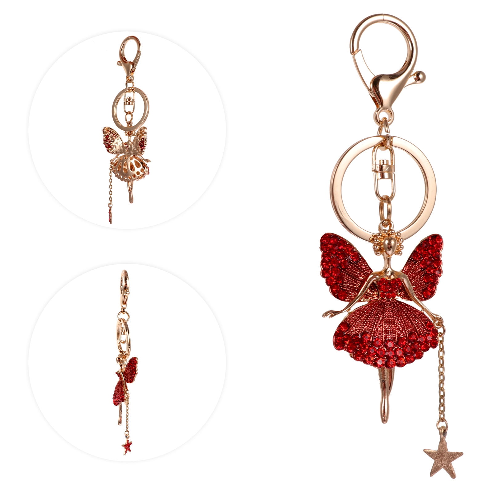 LOLIPPYY 1Pc Red Flower Fairy Key Chain Crystal Ornament Bag Pendant Durable Metal
