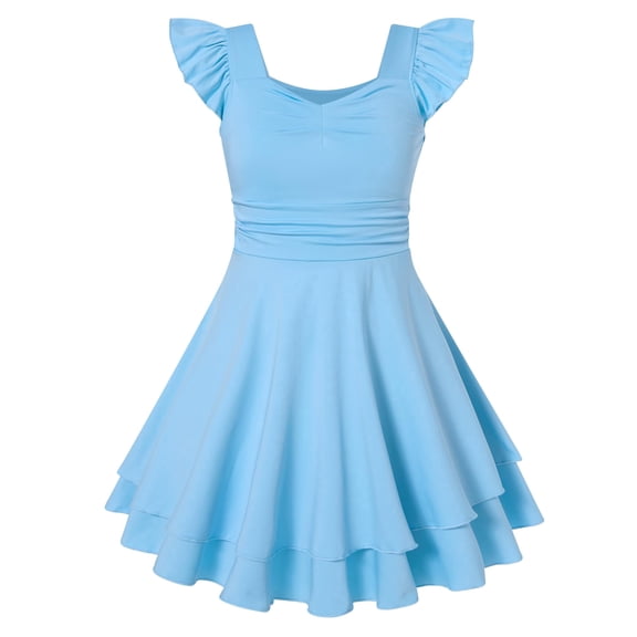 Lanbubble Girls Ruched Dresses Ruffle Sleeve Teens Tiered Swing A-line Light Blue Teen Dress 15-16 Years