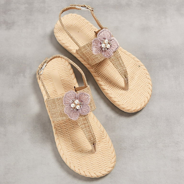 Beach Weave Summer Sandals Shoes Bow Slip On Women's Flat Toe