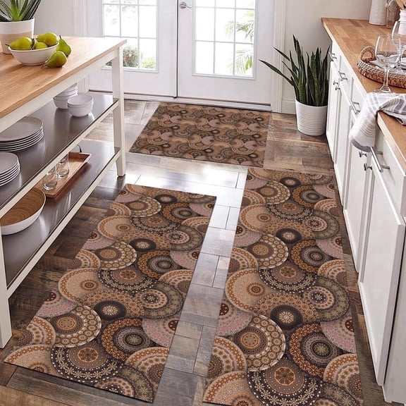 Farmhouse Kitchen Rugs Sets 3 Piece with Runner Soft Kitchen Floor Mat Brown Floral Rugs Boho Rugs for Bedside Kitchen Carpet and Rugs Non Slip Washable for Bathroom Entryway Front Door Laundry