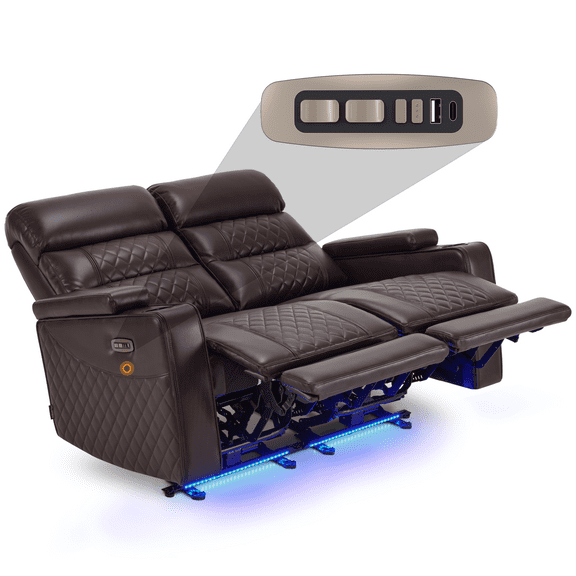 MCombo Power Loveseat Recliner Sofa with Adjustable Headrest, Electric Home Theater Seating with Hidden Armrest Storage, USB & Type-C Port, LED Light (Dark Brown)