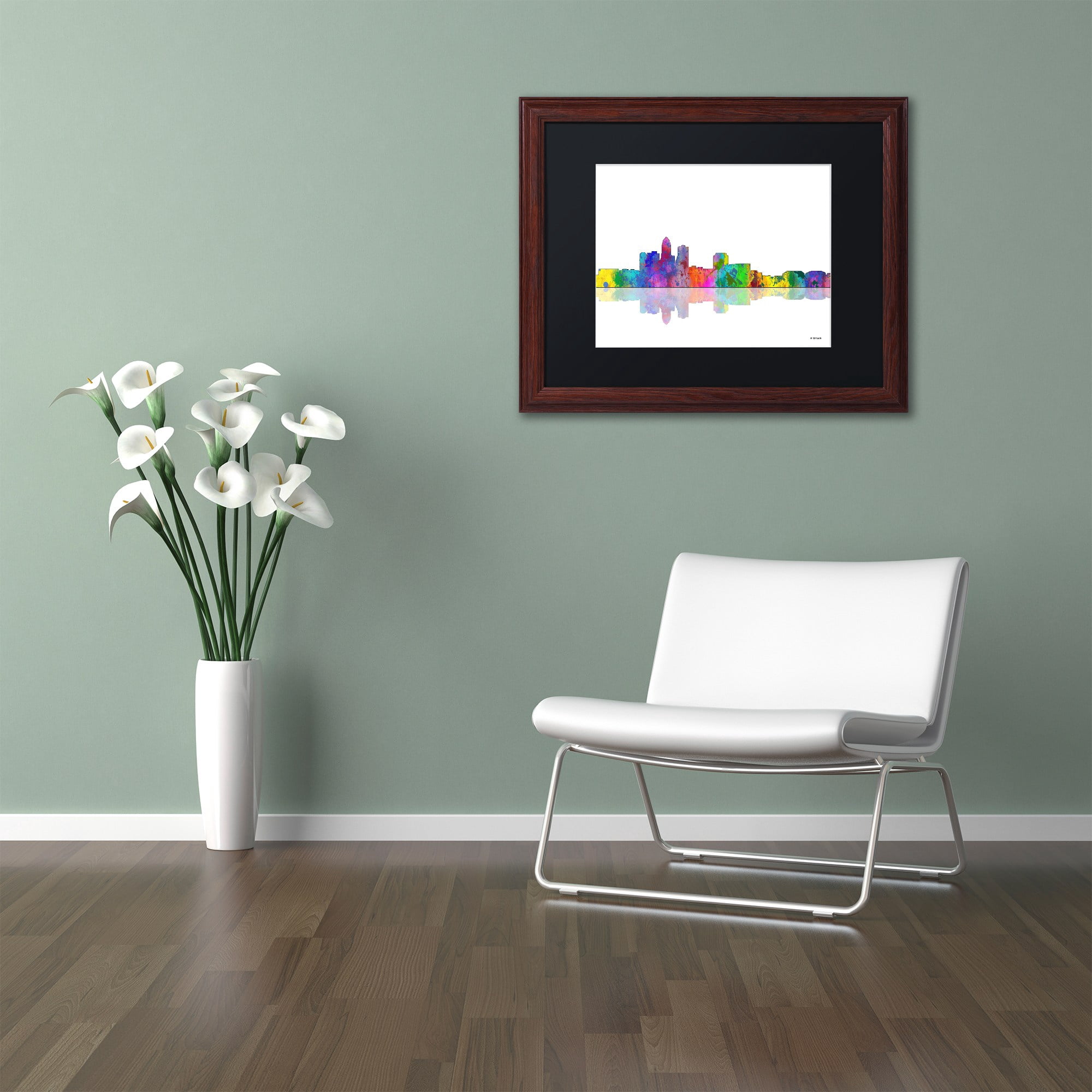 Trademark Fine Art "Des Moines Iowa Skyline" Canvas Art by Marlene Watson Black Mat, Wood Frame