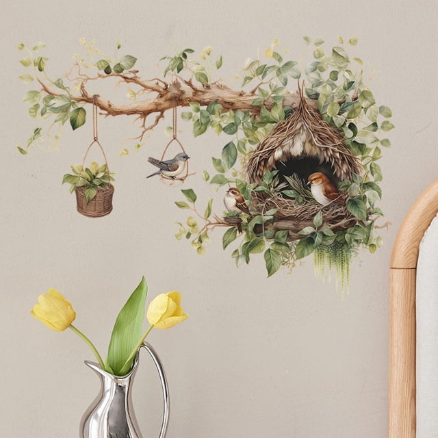 2 pegatinas de pared, murales de arte de pared, ramas y nido de pájaro, papeles pintados decorativos impermeables extraíbles para cocina y aula