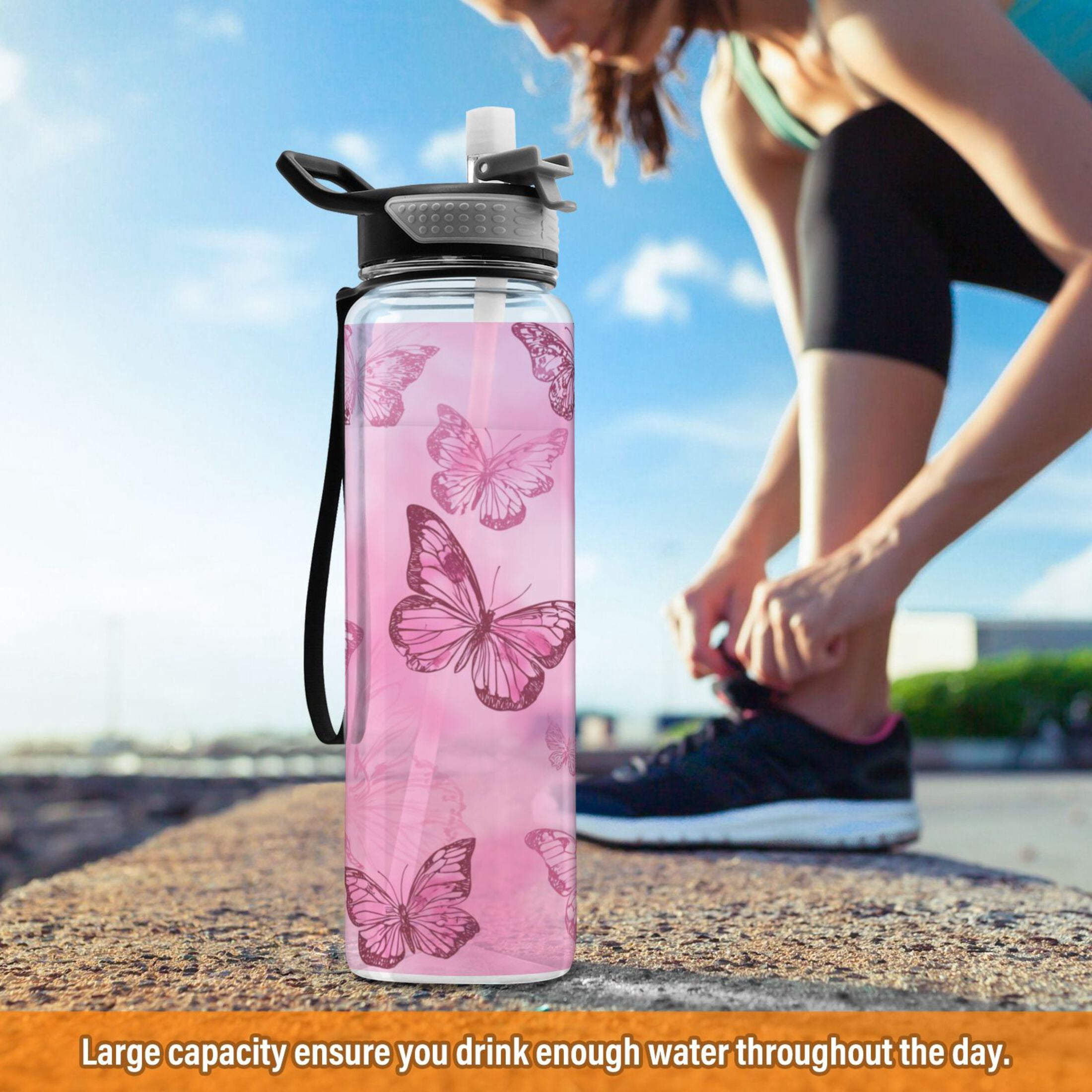 32oz Transparent Sports Water Bottle with Straw for Kids Adults Outdoor School Gym Fitness Pink Butterfly Pattern