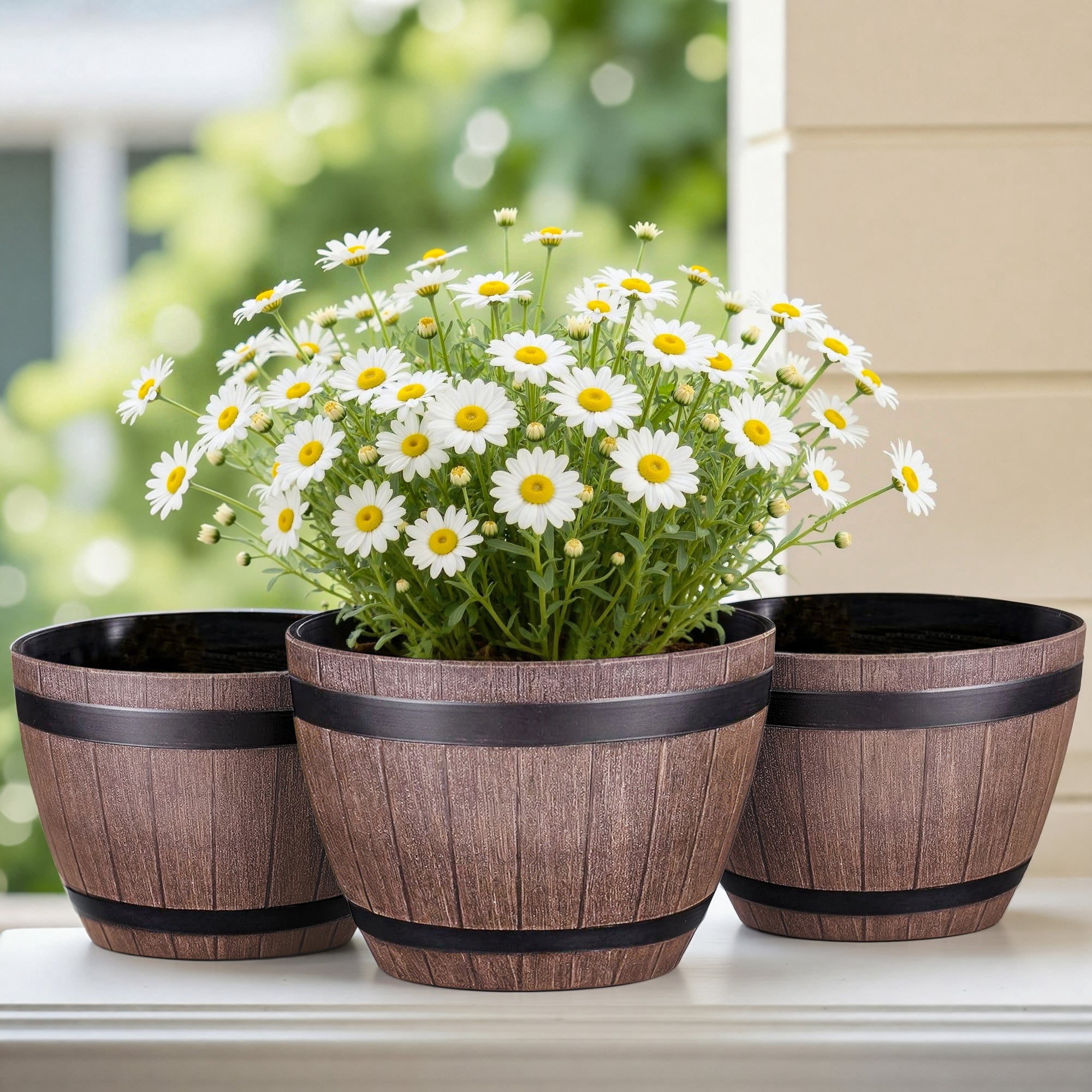 VECELO 3 Pack 13 inch Plant Pots, Whiskey Barrel Planters with Drainage Holes & Saucer, Plastic Imitation Wine Barrel Decoration Flower Pots, for Indoor & Outdoor Garden Home Plants, Reddish-Brown