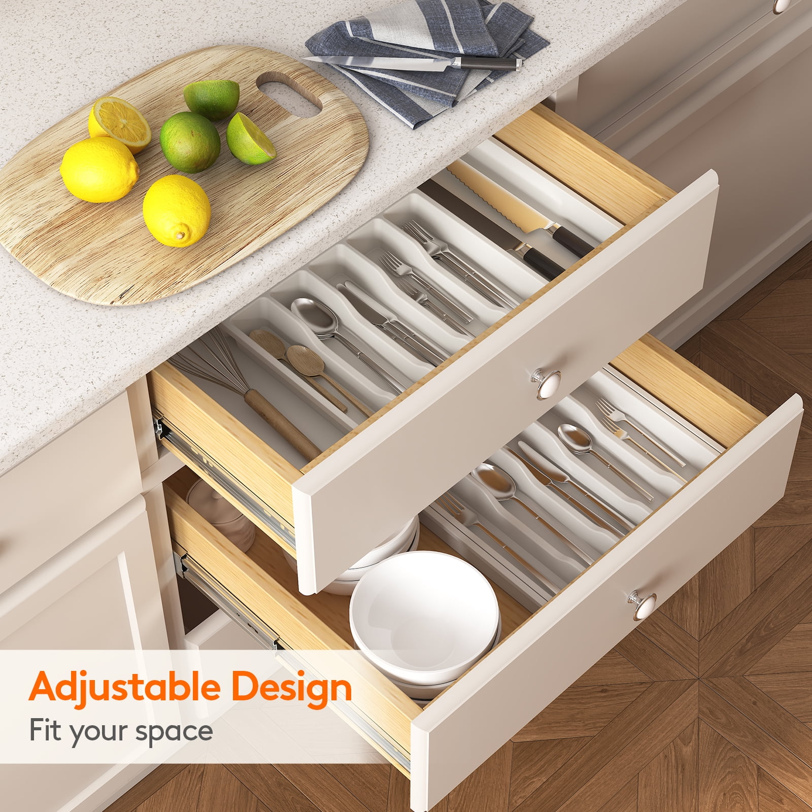Lifewit Silverware Drawer Organizer, Expandable Utensil Tray BPA Free, Adjustable Flatware Storage for Spoons Forks Knives, 13"-22.4", White
