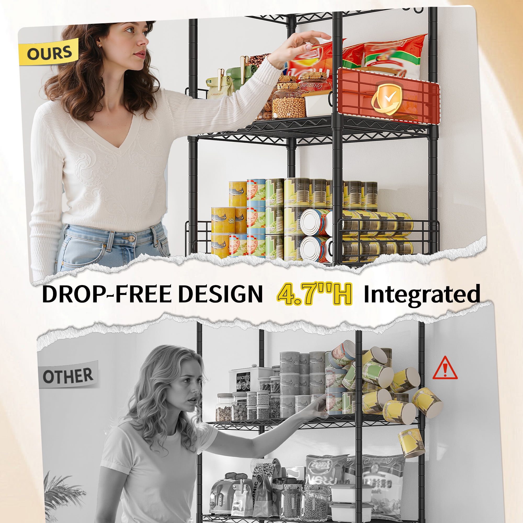 REIBII 5-Tier Wire Shelving Unit Shelves with 4.7"Side Guards,18.1"Wx18.1"Dx59"H, Heavy Duty Metal Storage Rack with Shelf Liners & Hooks for Kitchen,Pantry,Small Spaces,Black