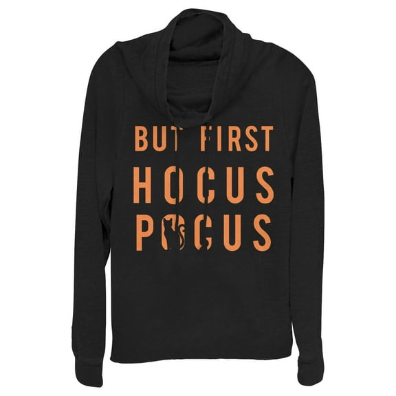 Junior's CHIN UP Halloween Cat Hocus Pocus Cowl Neck Sweatshirt Black X Small