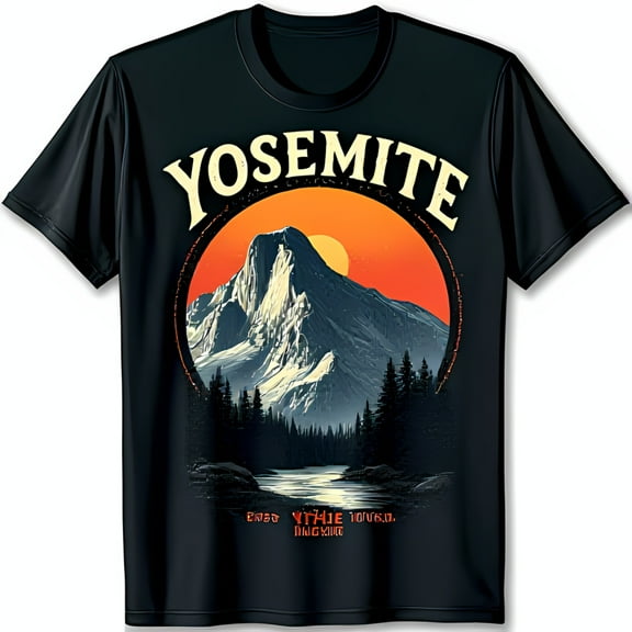 Black Yosemite T-Shirt with Stunning Mountain Range and Sunset Design