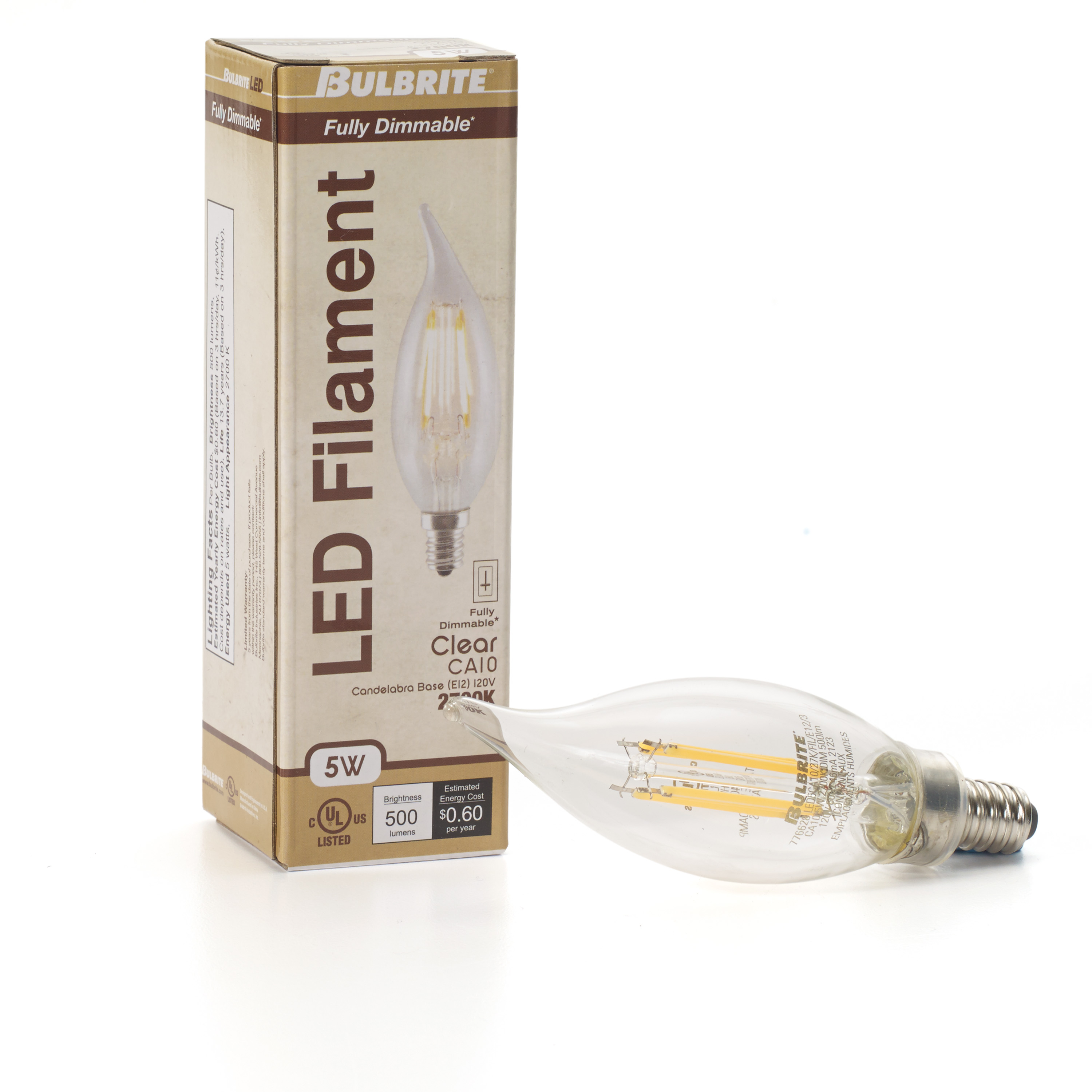 Bulbrite Pack of (4) 5 Watt Dimmable Clear Filament CA10 Candelabra (E12) LED Light Bulb - 500 Lumens, 2700K