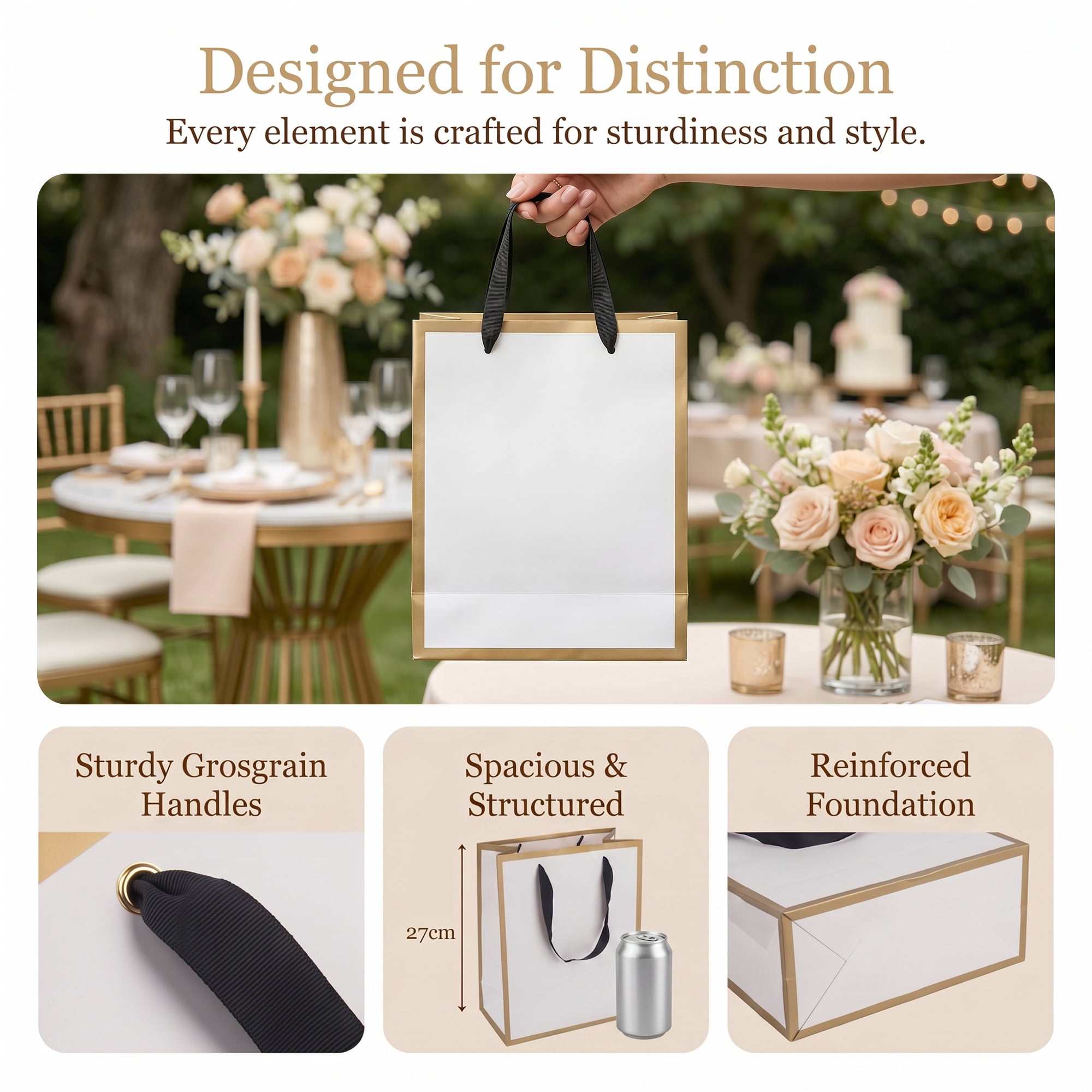 Unique Bargains Sturdy Thick Horizontal Paper Gift Bags White Gold 8.3" x 4.3" x 10.6"