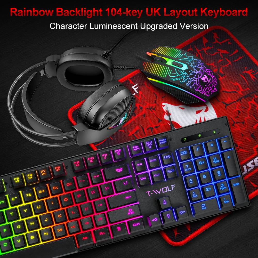 USB Wired Gaming Keyboard and Mouse and Headset Combo LED RGB Backlit 104 Keys Mechanical Feel for Laptop Computer Gamer Bundle