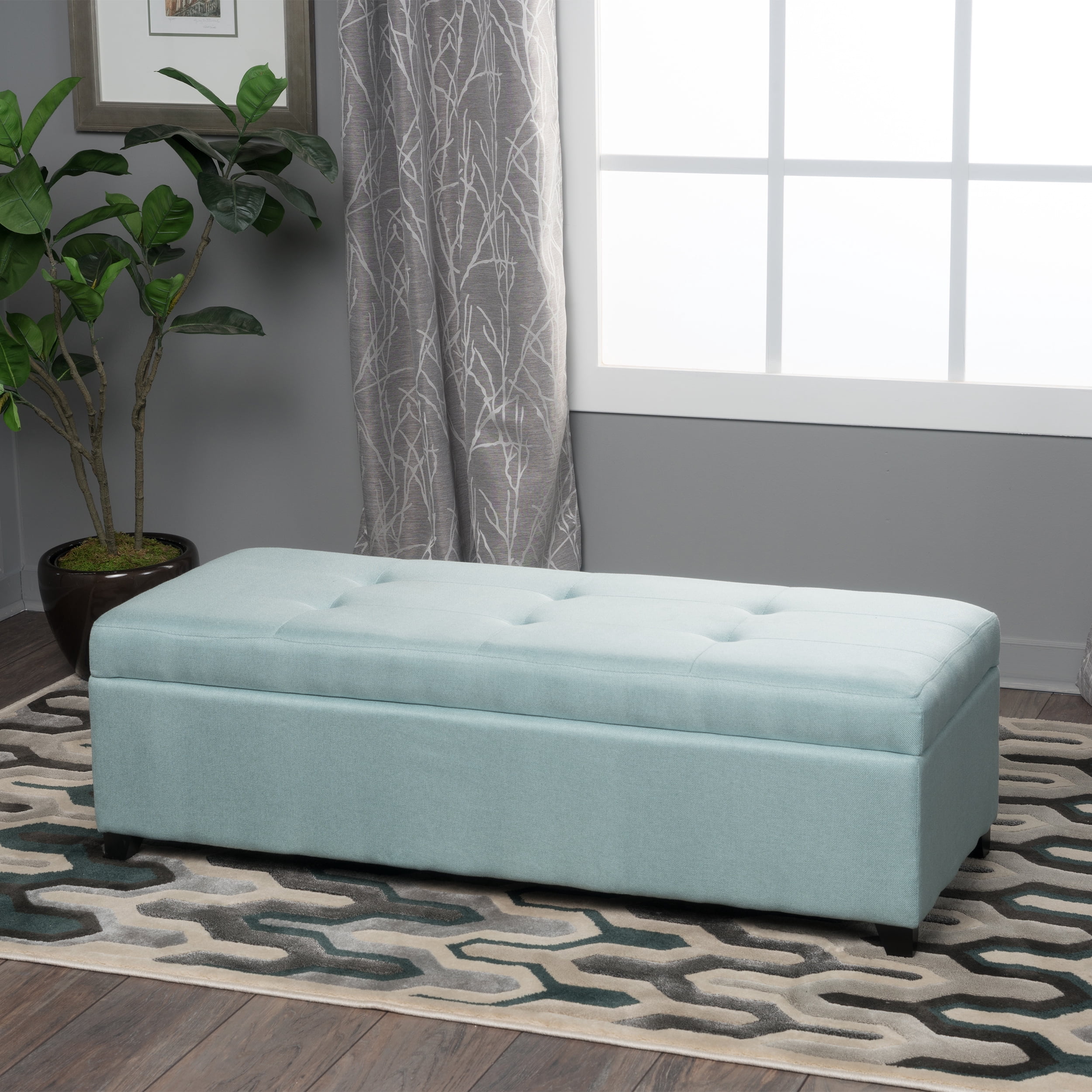Noble House Hampton Light Blue Fabric Stoarge Ottoman