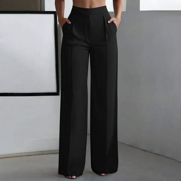 Guieoi Pants for Women Plus Size High-Waisted Stretch Straight-Leg Wide-Leg Casual Work with Pockets Summer Trousers Black M