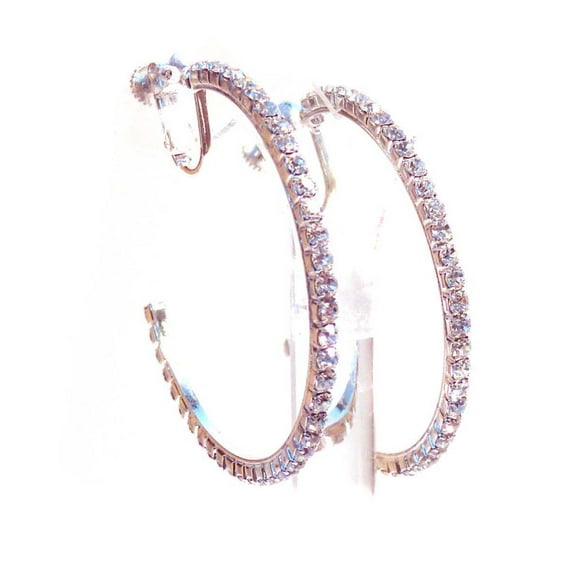 Clip-on Earrings Crystal Hoop Earrings Silver Rhodium Rhinestone Hoops 2 inch Non Pierced