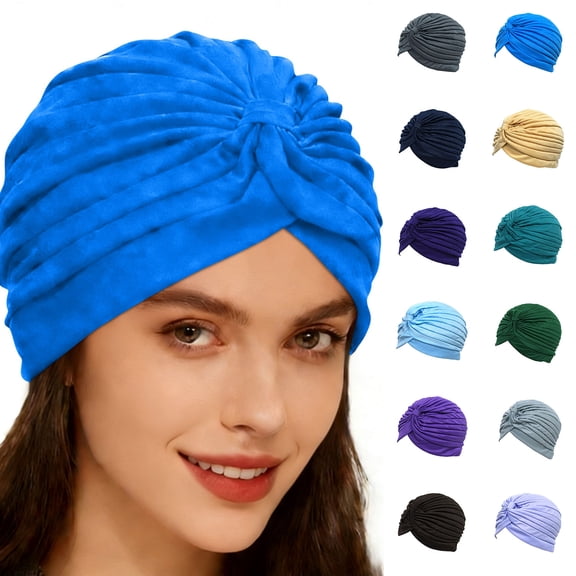 Pleated Velvet Turban Hat for Women - Soft Stretchy Pre-Tied Head Wrap with Top Knot, Solid Color Headscarf for Daily Wear, Chemo, or Sleep Beige
