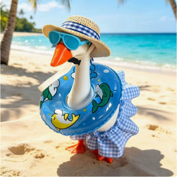 Summer Bikini Desk Goose Outfits, 7 Inch Mini Desktop Goose Clothes with Straw Hat, Sunglasses and Swim Ring, for Magnetic Geese Party Table Decor
