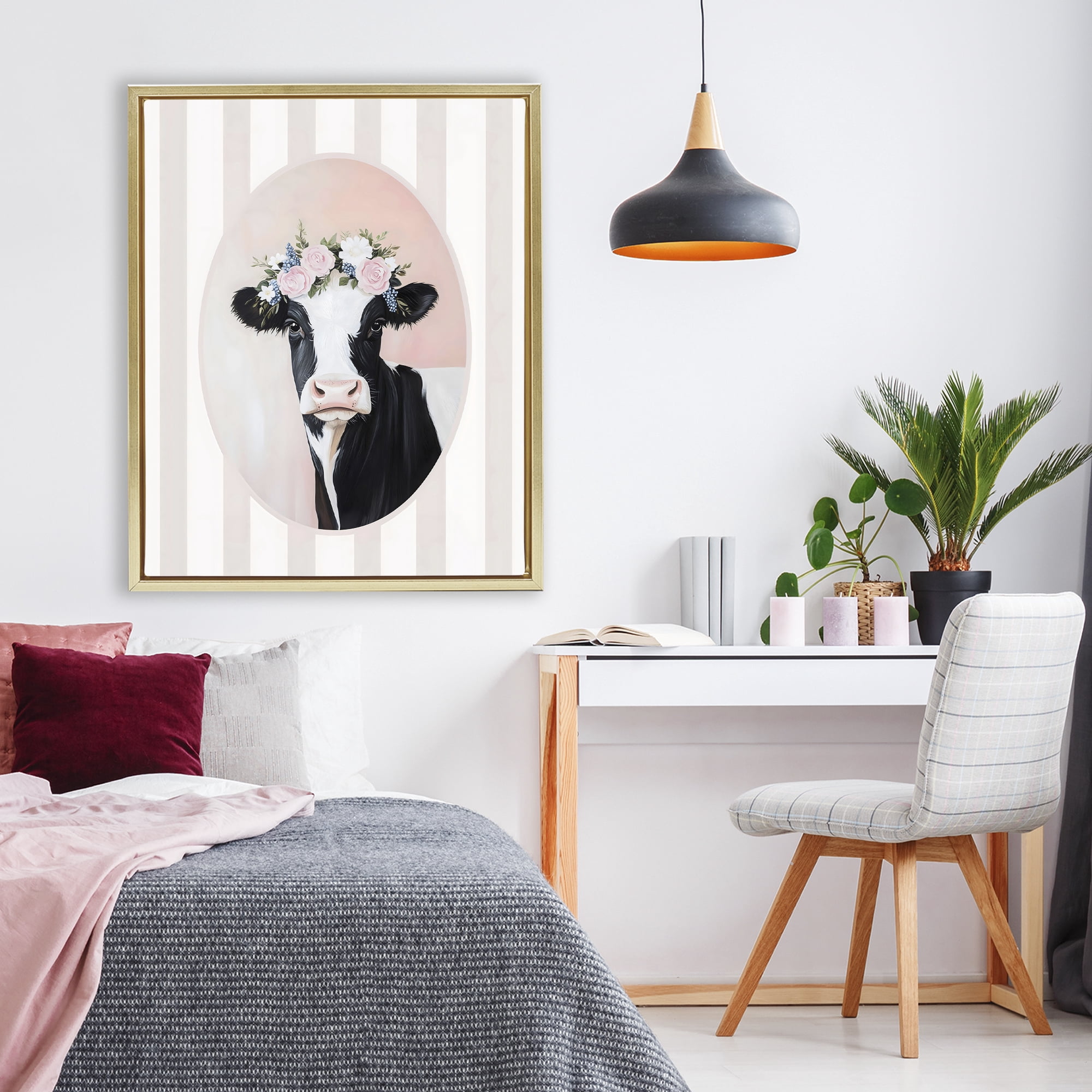 Stupell Industries Soft Cow with Floral Crown Gold Framed Floater Canvas Wall Art, design by Arlington Prints