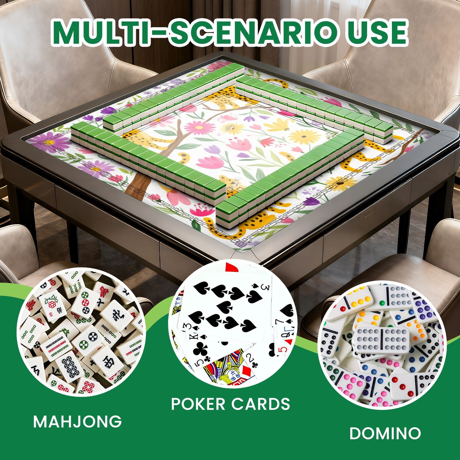 Mahjong Mat 31.5" x 31.5" Playful Leopards Among Colorful Flowers Vibrant Nature Non-Slip Noise Reduction American Mahjong Tiles Table Cover for Dominoes Poker Card Board Games Gift
