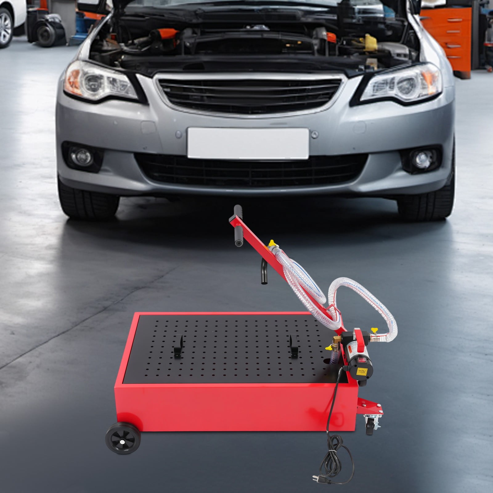 Low Profile Oil Drain Pan 20 Gallon Oil Drain Pan w/ Electric Oil Pump 8ft 120W for Buses, Cars, SUVs