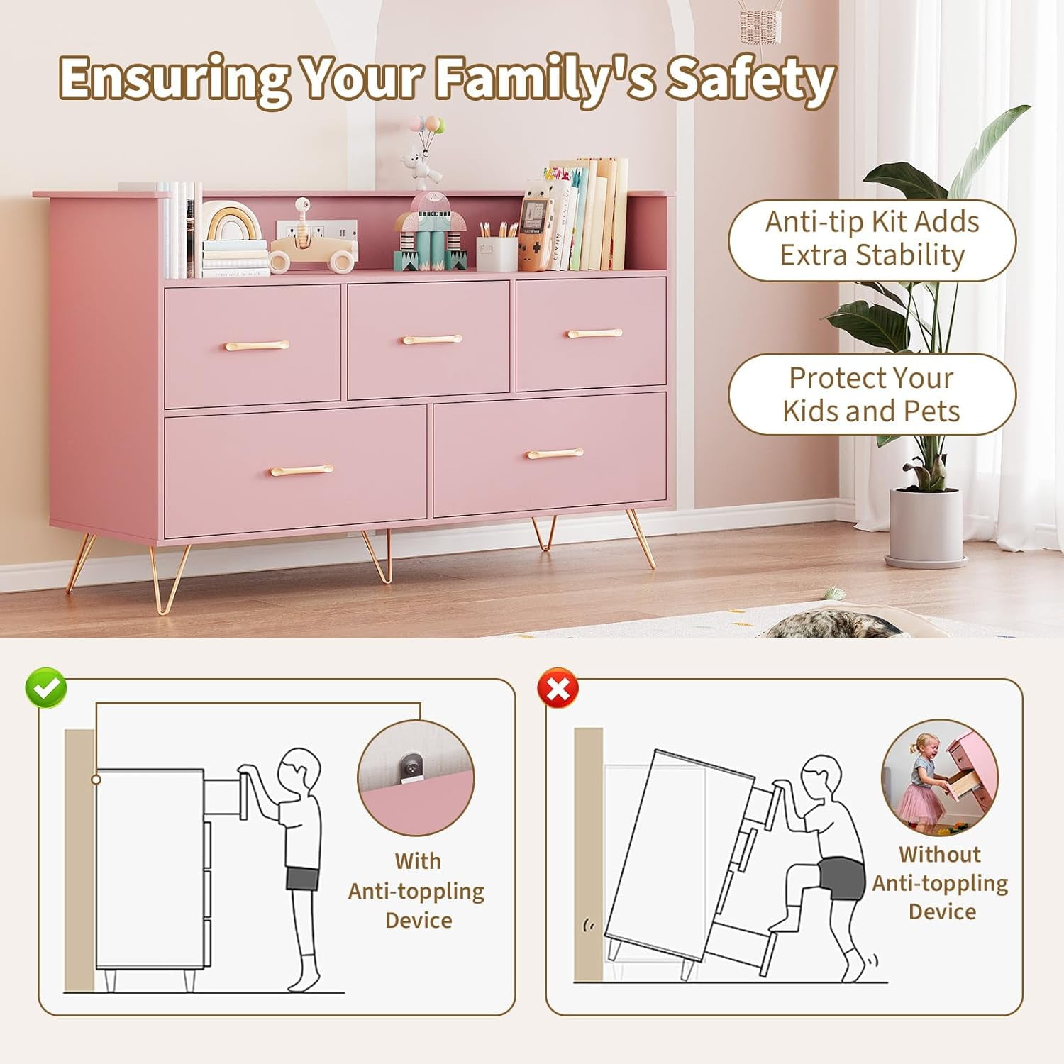 5 Drawer Dresser for Bedroom, 47 in Modern Wooden Dresser with LED Lights & Charging Station, Wide Chest of Drawers Storage Organizer for Nursery Hallway Apartments, Pink