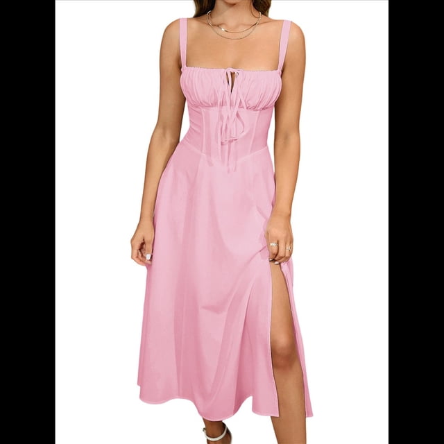 Vestido Midi con Corsé, Aberturas Fluidas y Cordones para Mujer, Vestido Informal de Verano de Corte A para Fiesta de Té. Rosa L