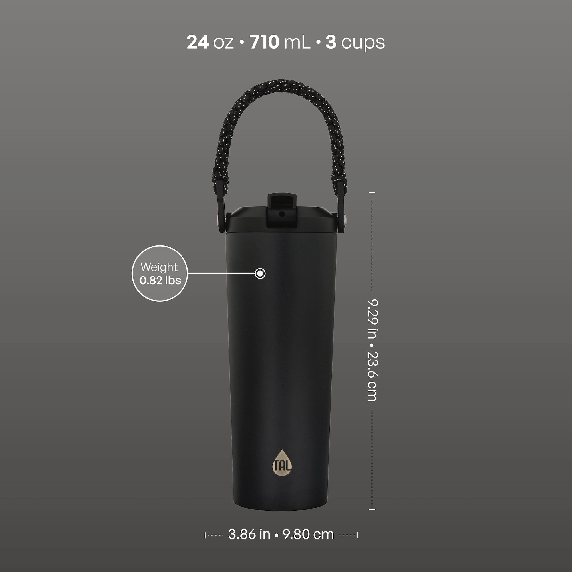 TAL 24oz Stainless Steel Hudson Paracord Handle Water Bottle, Black