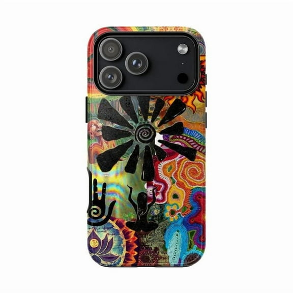 Colorful Hippie Sun and Hand iPhone Case, Abstract Mandala Art Protective Cover for iPhone 17 16 15 14 13 12 11 Pro Plus Mini