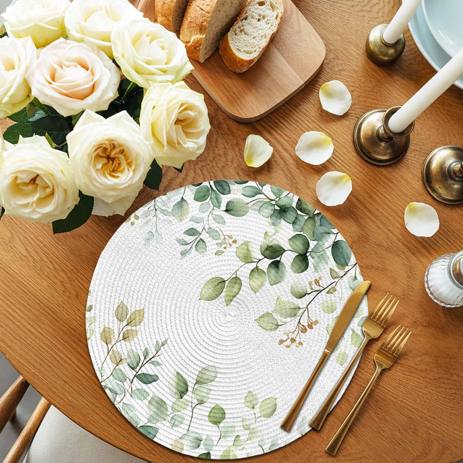 Eucalyptus Round Placemats Set of 8 for Dinning Tables,Heat-proof Braided Table Mats 15 Inch,Sage Green Brown Leaf Boho Minimalist White Washable Place Mat for Kitchen Restaurant Party Table Decor