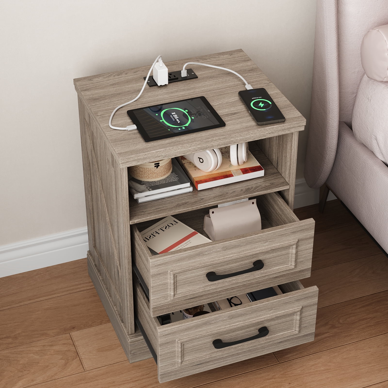 Nightstand Set of 2 with Charging Station, Farmhouse End Table with 2 Drawers Storage Side Table Bedside Cabinet for Bedroom Living Room,Gray