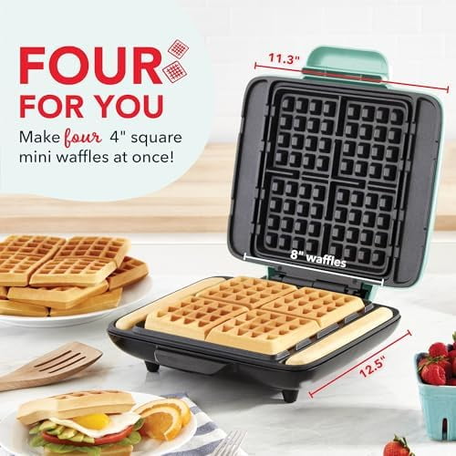 No-Drip Waffle Maker: Waffle Iron 1200W + Waffle Maker Machine For Waffles, Hash Browns, or Any Breakfast, Lunch, & Snacks with Easy Clean, Non-Stick + Mess Free Sides - Aqua