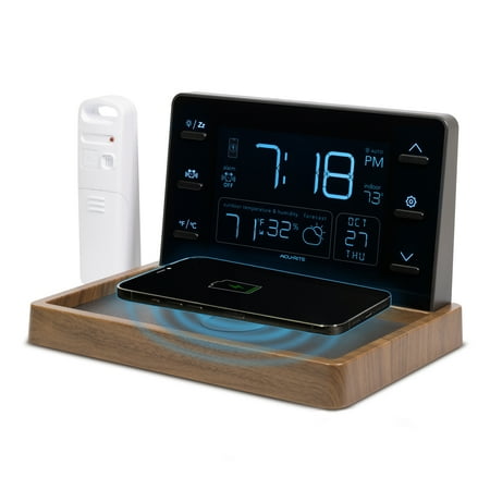 AcuRite Weather Valet Charging Pad Alarm Clock, Black with Walnut Finish