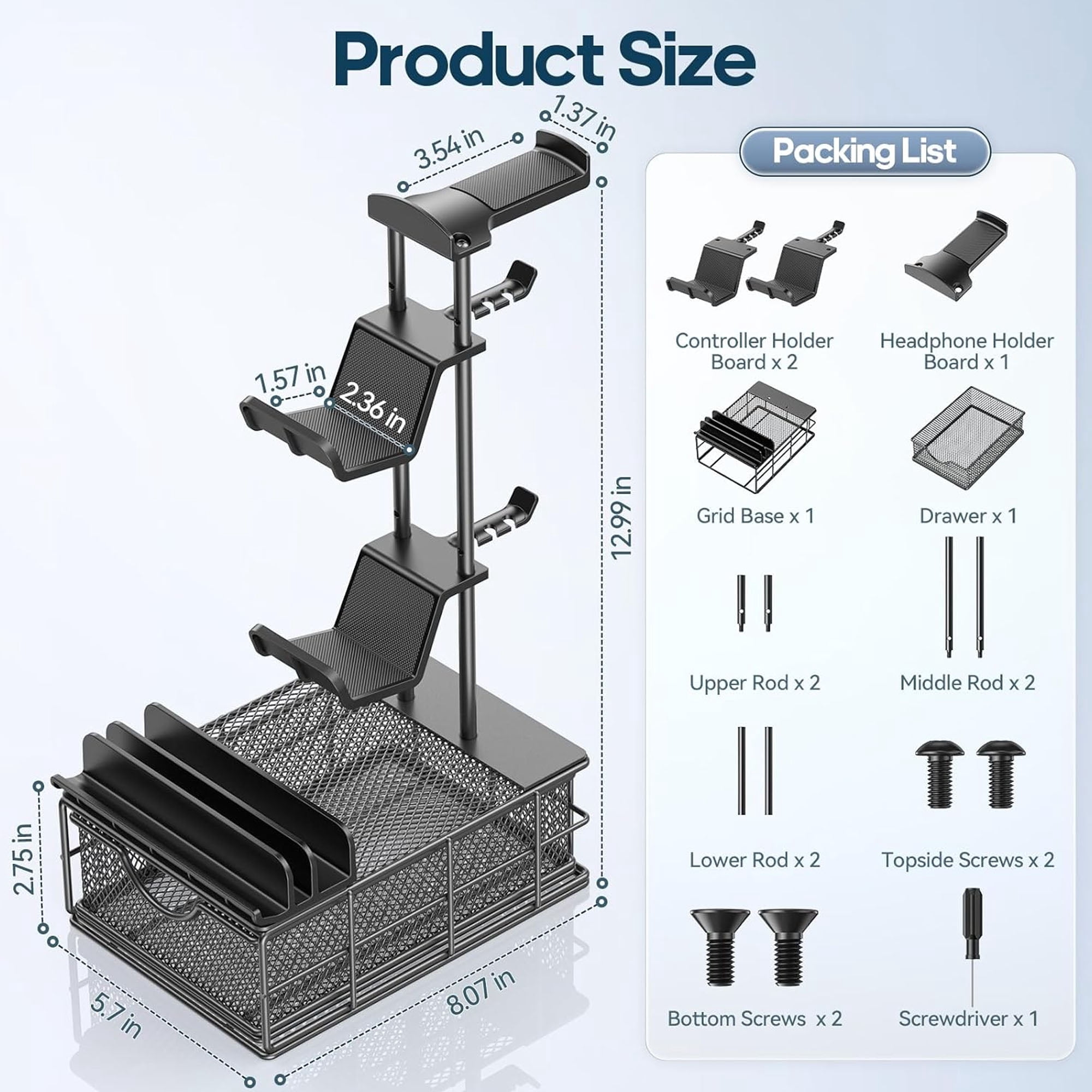 KDD Headphone Stand, Gaming Controller Holder, Desk Organizer Metal Headset Stand with Drawer Cable Organizer