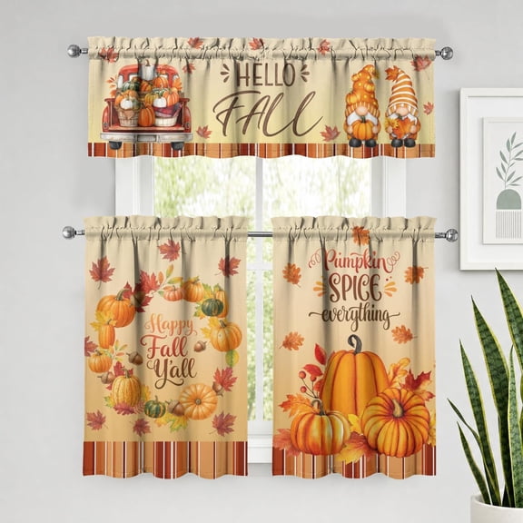Fall Pumpkin Kitchen Curtains 3 Piece Set Tier Valance | Fall Pumpkin Kitchen Curtain Set Includes 52x18in Valance and Two 27.5x39in Tier Curtains for Kitchen Window Decor