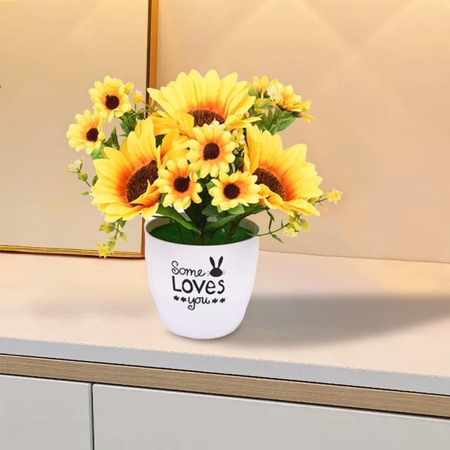 Jarrón de flor artificial girasol | Arreglo de falso ramo multicolor 20x20cm | Detallado Decoración del Hogar Pieza Central | Olla de plástico | Amarillo Brillante | Acento floral decorativo