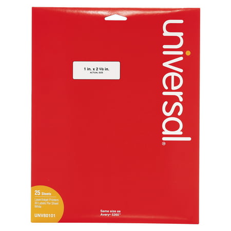 Universal Laser Printer Permanent Labels, 1 x 2 5/8, White, 750/Pack