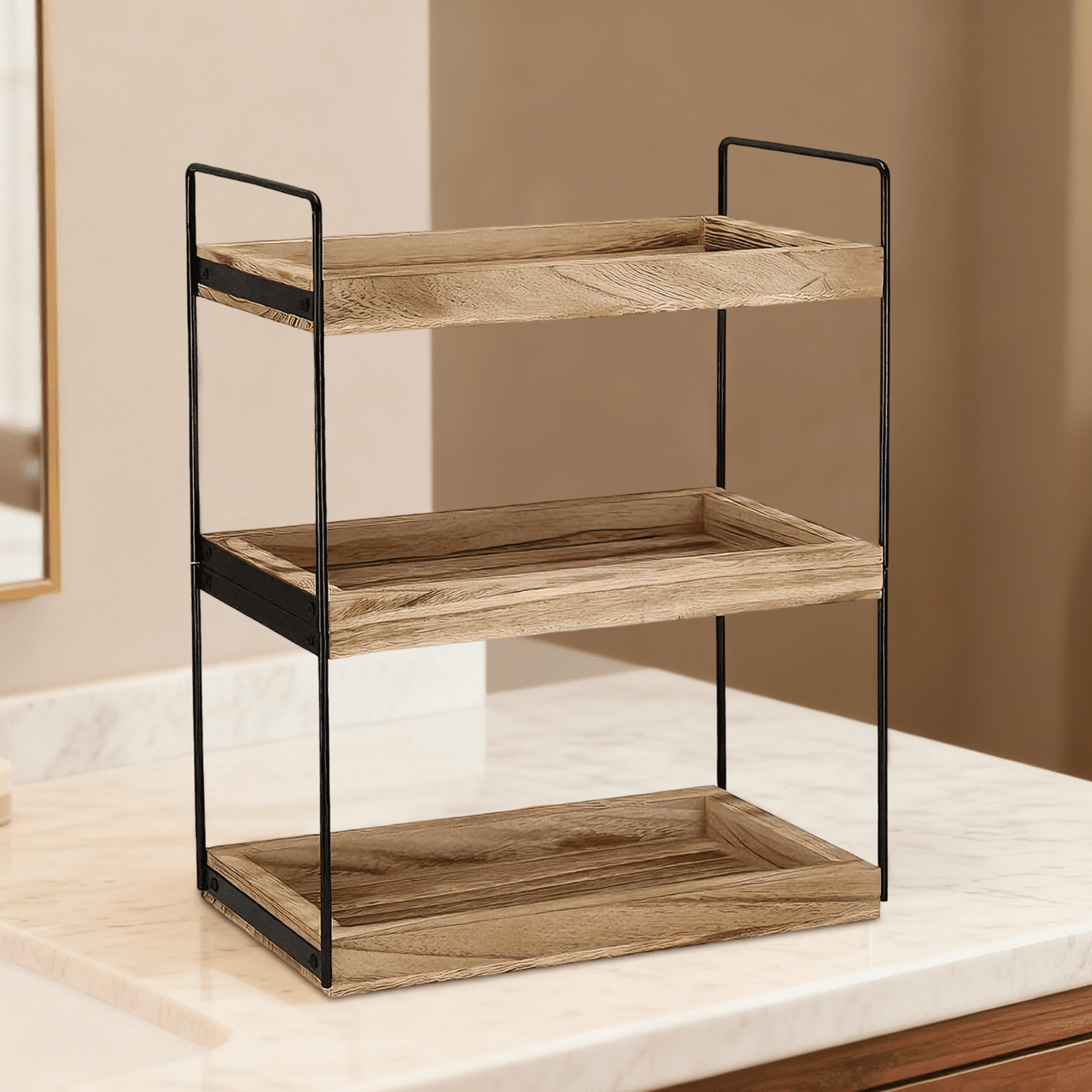3-Tier Wood & Metal Shelf, 6.7 x 13 x 17.3 in / 17 x 33 x 44 cm Bathroom Countertop Organizer, Vanity Organizers, Counter Shelf, Makeup Organizers for Bedroom, Bathroom, Kitchen