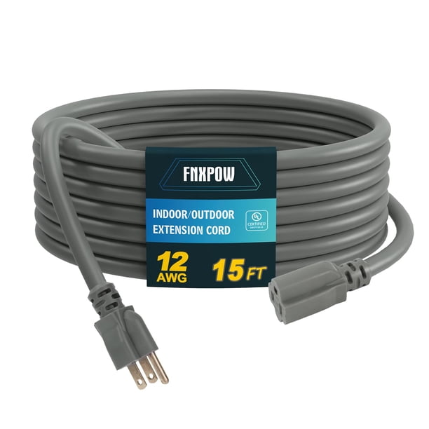 Cable de extensión FNXPOW, calibre 12, 3 puntas, 15 A, 15 pies, resistente a la intemperie