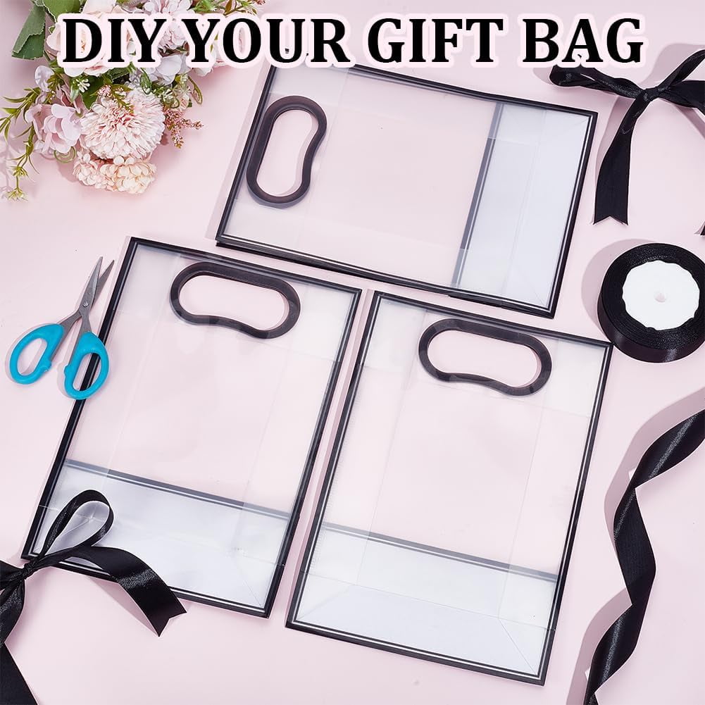 36 Pack Clear Plastic Gift Bags with Handles Reusable Transparent Bags Bulk with 75 Yards Ribbon for Wedding Bridesmaid Bridal Shower Birthday Graduation Business Party 7x10x3 inch (Black)