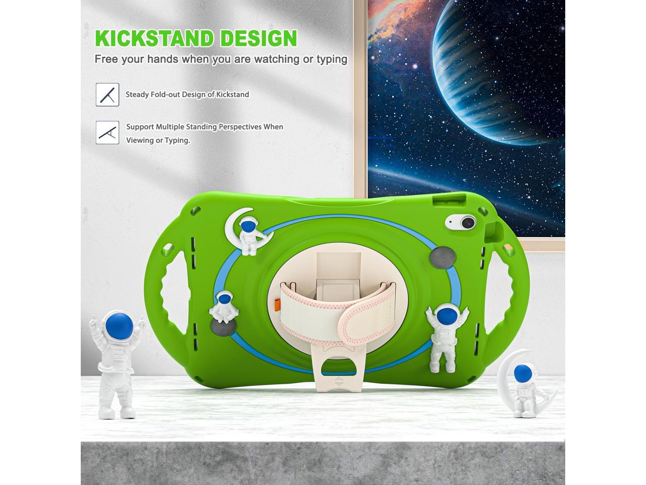 Cute Case for Apple iPad 10th Generation 10.9 inch 2022, Shockproof Silicone Astronaut Cover with Stand Shoulder Strap, Handle Grip, Pencil Holder Green