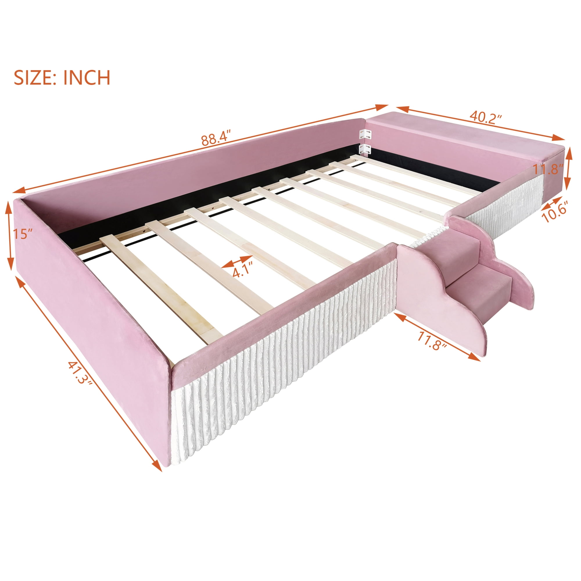Leumius Twin Size Floor Bed Frame with Stairs & Gas Lift Storage Ottoman, Velvet Upholstered Daybed with Padded Guardrails, Pink+White