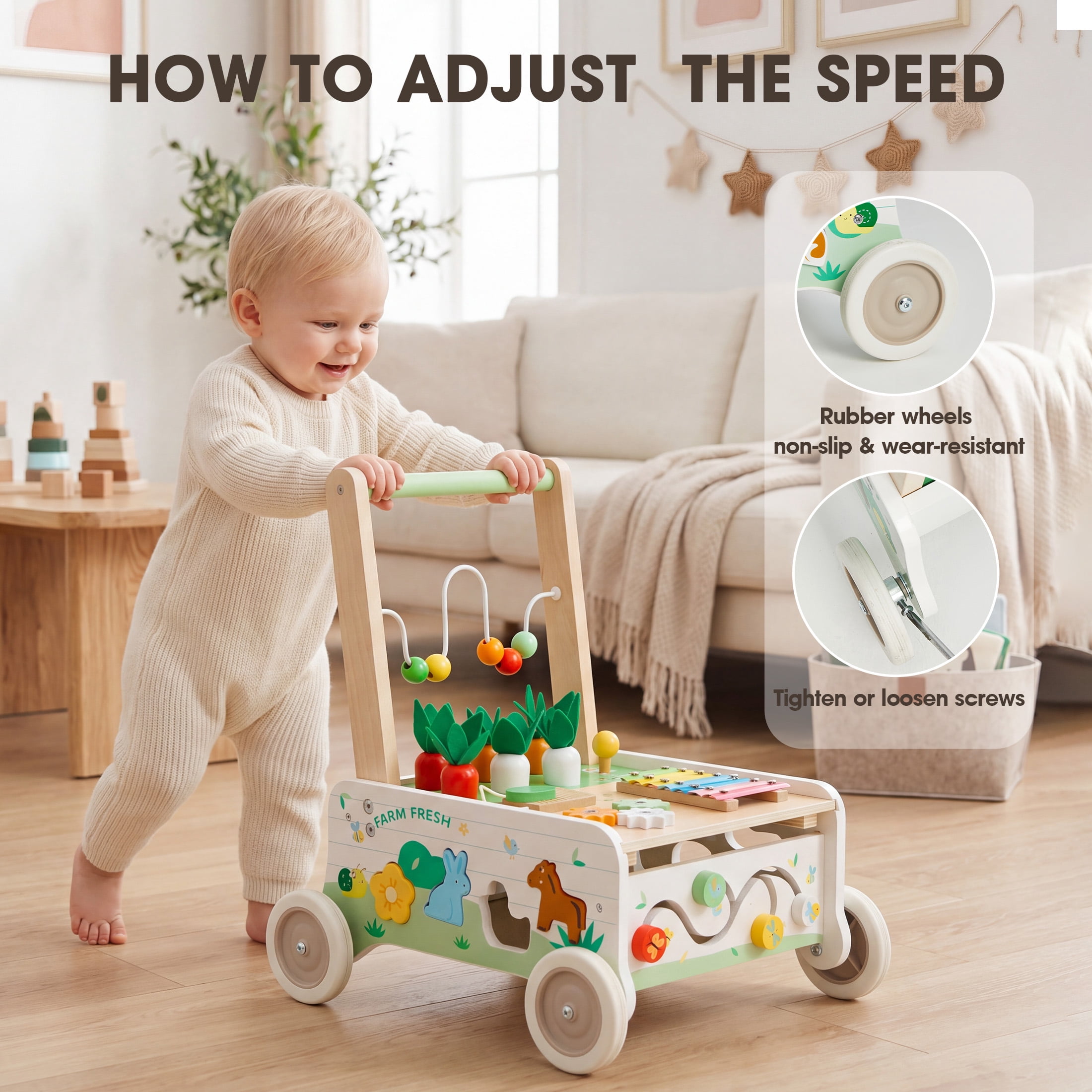Jolie Vallee Wooden Baby Walker,Push Walker with Activity Center,Push Wlakers for Babies 18 M+,Adjustable Speed and Height Walkers for Boys/Girls