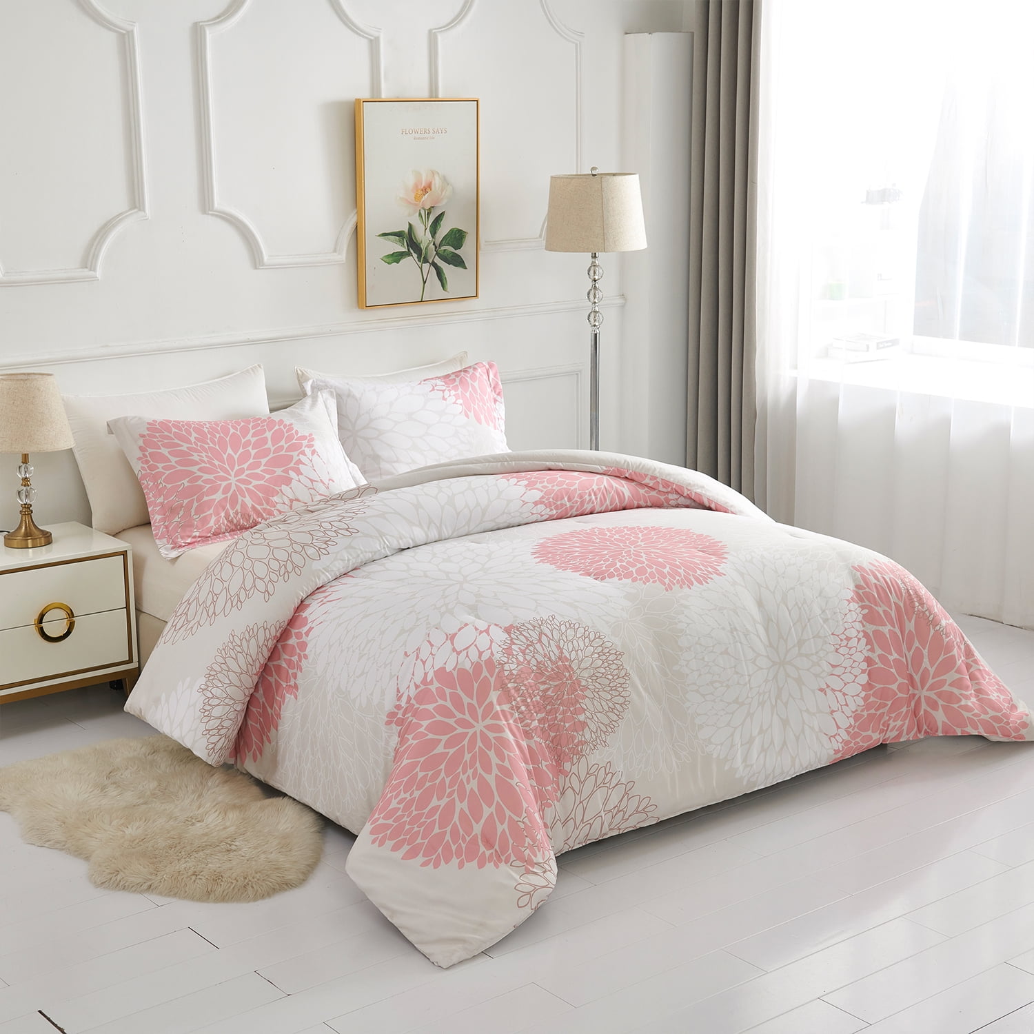 Koniroom Pink Floral Comforter Set, Botanical Beige Bedding Sets King Size with Cute Pink Flowers Printing for Women Teen Girls All Season 3 Pieces Comforters with 2 Pillow Shams (104x90 Inches)