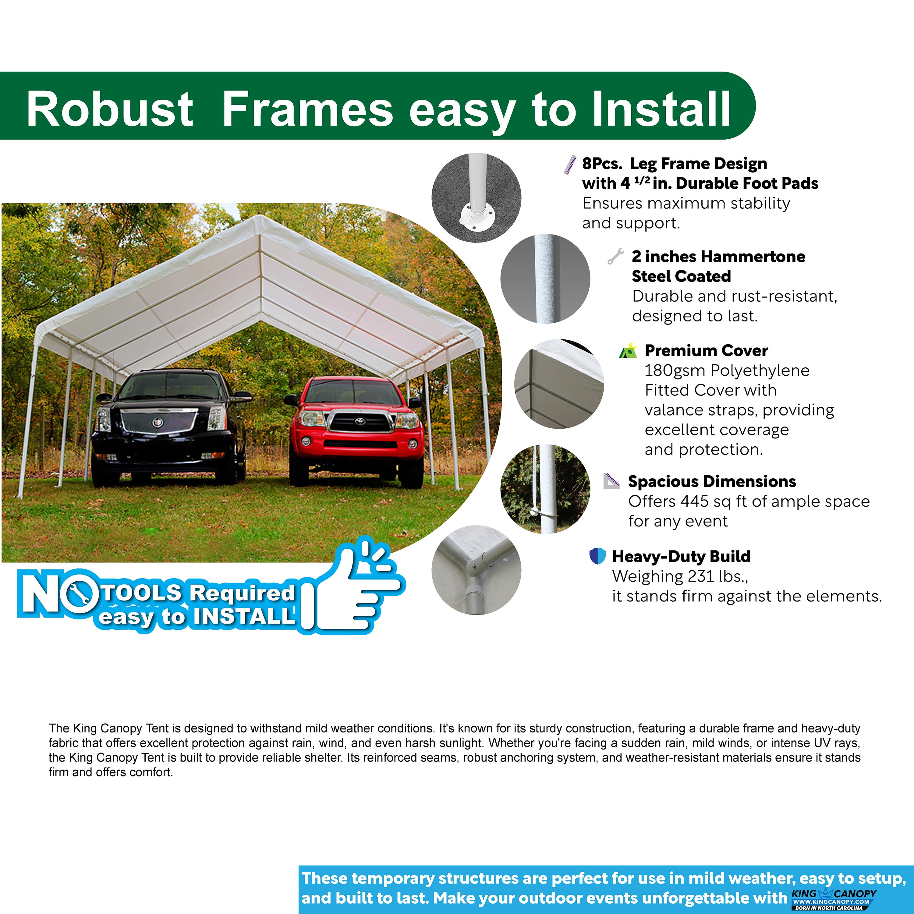 King Canopy  Hercules 18ft x 27ft, 2in Hammertone Steel Frame w/ buttons, 10-Leg, Carport, White