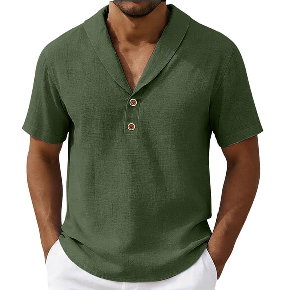 Mens Cotton Linen T-Shirts Casual Short Sleeve Shawl Collar Summer Beach 1/4 Button Down Shirts Plain Hippie Yoga Tops Breathable Vacation Cruise T-Shirt for Outdoor Daily Wear