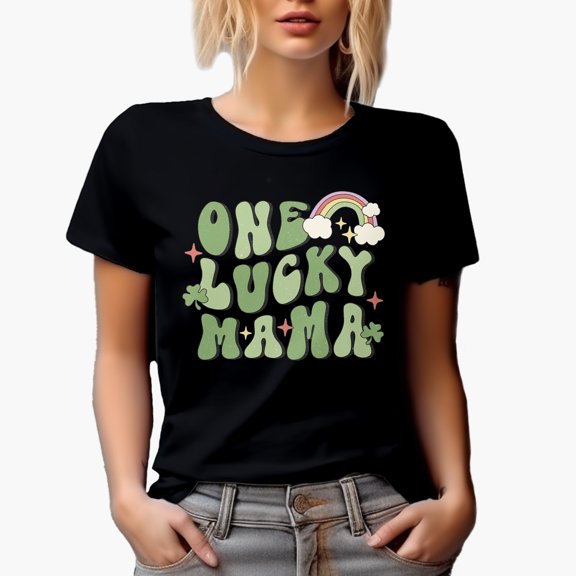 Distressed One Lucky Mama, Retro Groovy Wavy Text St. Patrick's Day Art Merch Gift, Black T-Shirt, Small