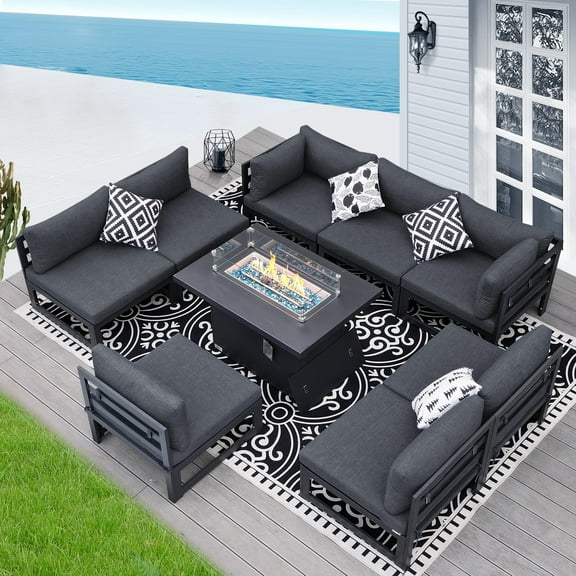 RADIATA 9 Piece Aluminum Patio Furniture Set with Fire Pit Table Outdoor Conversation Set 43" Propane Gas Convertable Safe Approved Outdoor Modern Luxury Sectional Sofa Set Gray