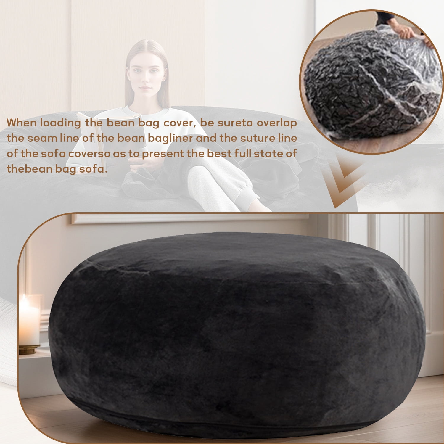 6FT Bean Bag Chair for Adults Teens, black high-density foam Filled Soft Sofa, Removable Flannel Cover Round Couch for Living Room Bedroom Dorm